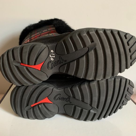 COACH JENNIE SIGNATURE "C" PLAID WITH RABBIT FUR TRIM BOOTIE BOOTS - Picture 6 of 12